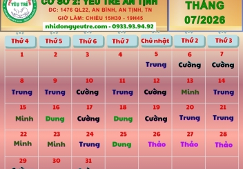 CƠ SỞ 2: YÊU TRẺ AN TỊNH; Lịch làm việc tháng 07/2026