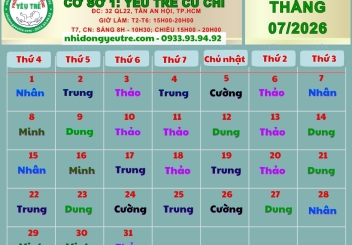 CƠ SỞ 1: YÊU TRẺ CỦ CHI; Lịch làm việc tháng 07/2026