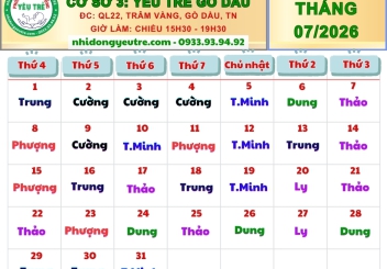 CƠ SỞ 3: YÊU TRẺ GÒ DẦU; Lịch làm việc tháng 07/2026