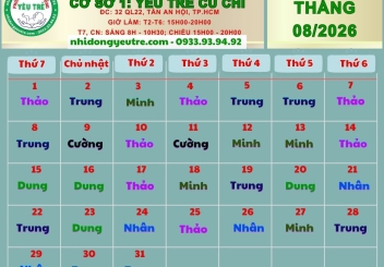 CƠ SỞ 1: YÊU TRẺ CỦ CHI; Lịch làm việc tháng 08/2026