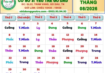CƠ SỞ 3: YÊU TRẺ GÒ DẦU; Lịch làm việc tháng 08/2026