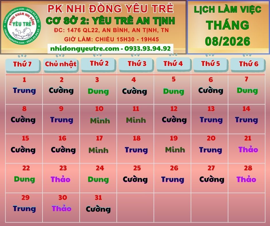 CƠ SỞ 2: YÊU TRẺ AN TỊNH; Lịch làm việc tháng 08/2026
