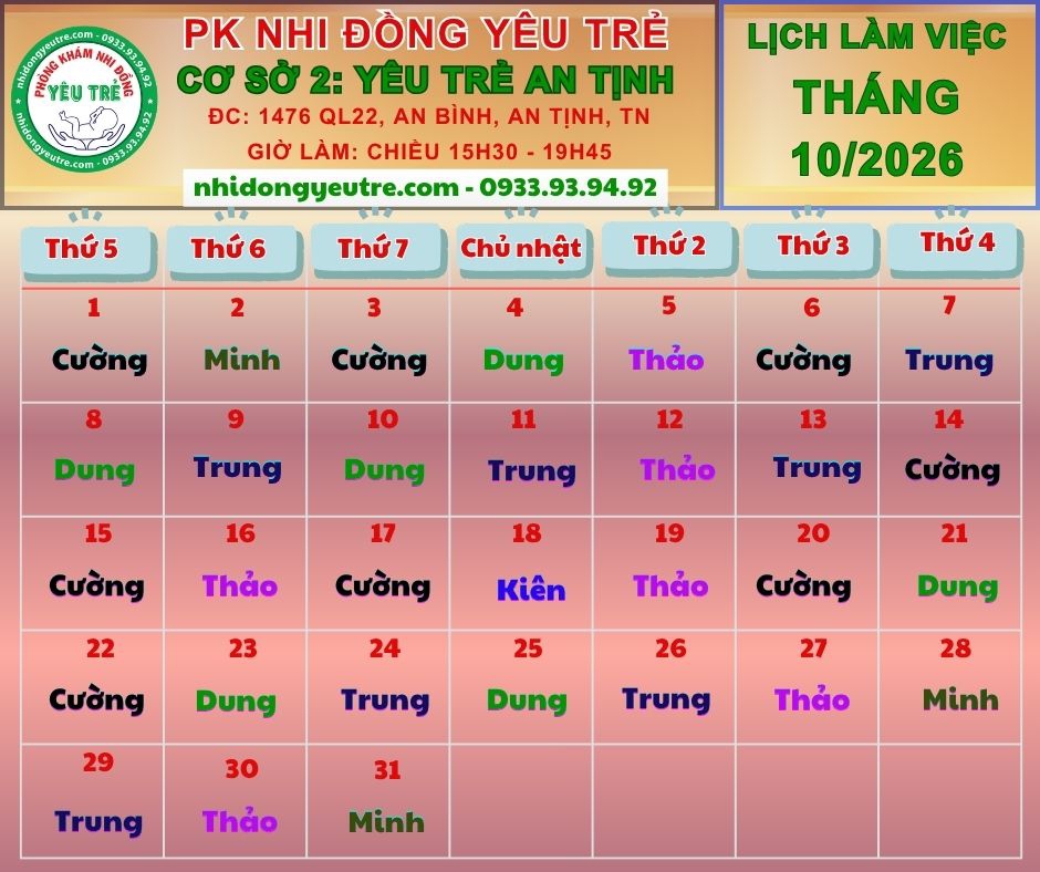 CƠ SỞ 2: YÊU TRẺ AN TỊNH; Lịch làm việc tháng 10/2026