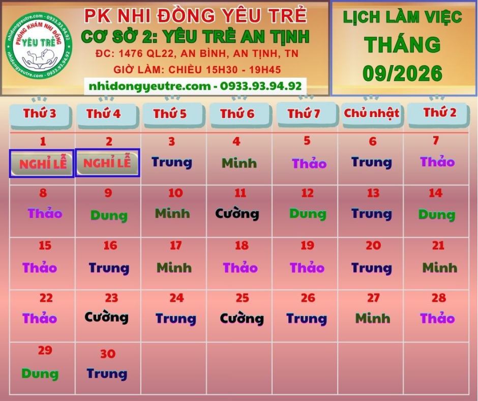 CƠ SỞ 2: YÊU TRẺ AN TỊNH; Lịch làm việc tháng 09/2026