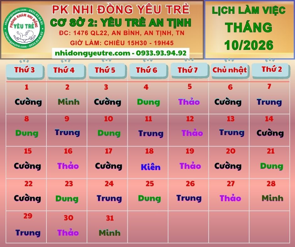 CƠ SỞ 2: YÊU TRẺ AN TỊNH; Lịch làm việc tháng 10/2026
