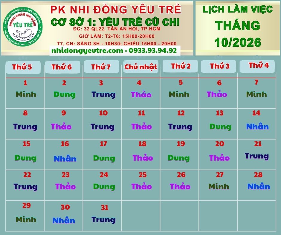 CƠ SỞ 1: YÊU TRẺ CỦ CHI; Lịch làm việc tháng 10/2026