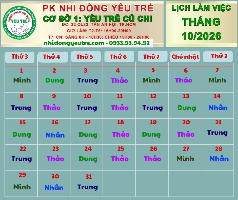 CƠ SỞ 1: YÊU TRẺ CỦ CHI; Lịch làm việc tháng 10/2026
