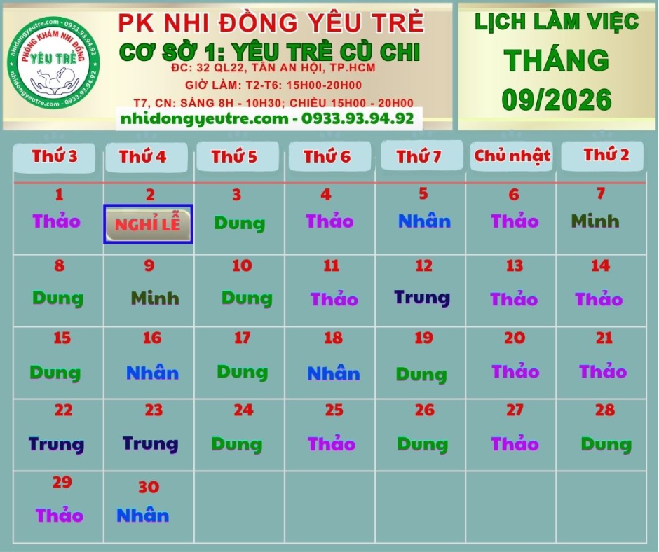 CƠ SỞ 1: YÊU TRẺ CỦ CHI; Lịch làm việc tháng 09/2026