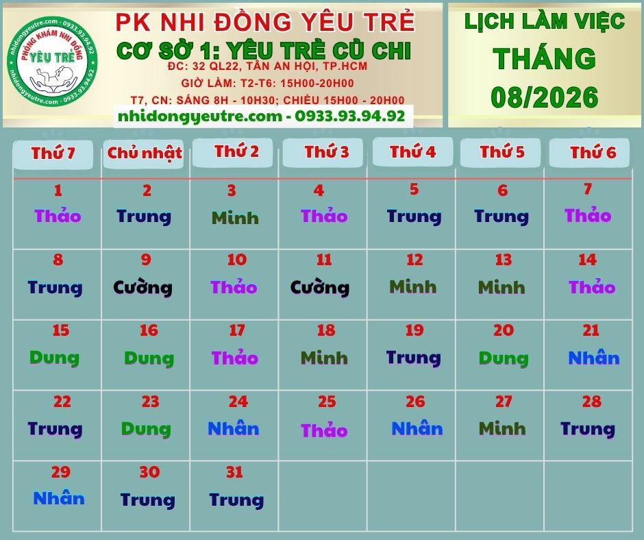 CƠ SỞ 1: YÊU TRẺ CỦ CHI; Lịch làm việc tháng 08/2026