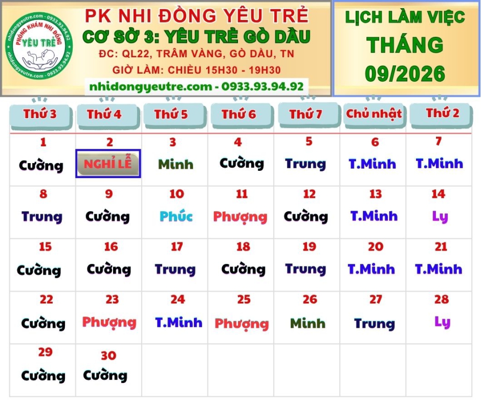 CƠ SỞ 3: YÊU TRẺ GÒ DẦU; Lịch làm việc tháng 09/2026