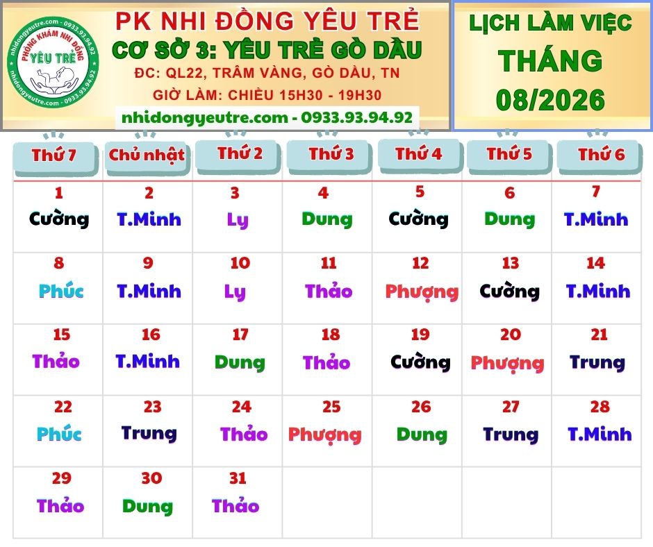 CƠ SỞ 3: YÊU TRẺ GÒ DẦU; Lịch làm việc tháng 08/2026
