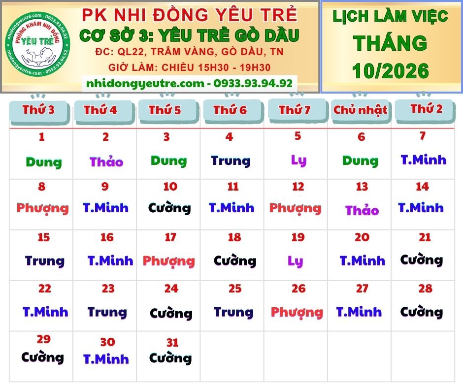 CƠ SỞ 3: YÊU TRẺ GÒ DẦU; Lịch làm việc tháng 10/2026