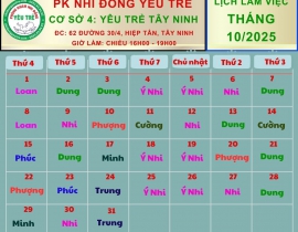 CƠ SỞ 4: YÊU TRẺ TÂY NINH; Lịch làm việc tháng 10/2025 