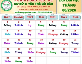 CƠ SỞ 3: YÊU TRẺ GÒ DẦU; Lịch làm việc tháng 08/2026