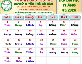 CƠ SỞ 3: YÊU TRẺ GÒ DẦU; Lịch làm việc tháng 05/2026