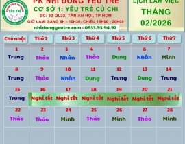 CƠ SỞ 1: YÊU TRẺ CỦ CHI; Lịch làm việc tháng 02/2026