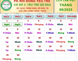 CƠ SỞ 3: YÊU TRẺ GÒ DẦU; Lịch làm việc tháng 09/2025