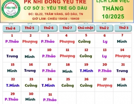 CƠ SỞ 3: YÊU TRẺ GÒ DẦU; Lịch làm việc tháng 10/2025
