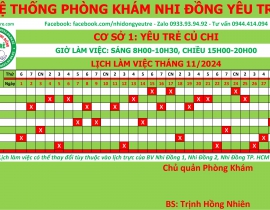 CƠ SỞ 1: YÊU TRẺ CỦ CHI; Lịch làm việc tháng 11/2024