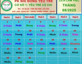 CƠ SỞ 1: YÊU TRẺ CỦ CHI; Lịch làm việc tháng 08/2025