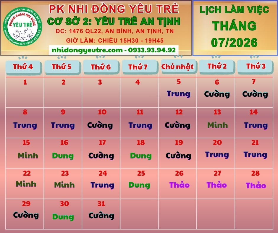 CƠ SỞ 2: YÊU TRẺ AN TỊNH; Lịch làm việc tháng 07/2026