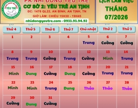 CƠ SỞ 2: YÊU TRẺ AN TỊNH; Lịch làm việc tháng 07/2026