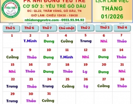 CƠ SỞ 3: YÊU TRẺ GÒ DẦU; Lịch làm việc tháng 01/2026