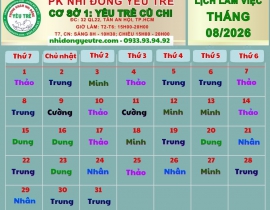 CƠ SỞ 1: YÊU TRẺ CỦ CHI; Lịch làm việc tháng 08/2026