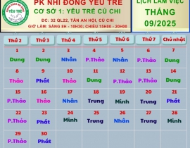 CƠ SỞ 1: YÊU TRẺ CỦ CHI; Lịch làm việc tháng 09/2025