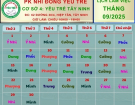 CƠ SỞ 4: YÊU TRẺ TÂY NINH; Lịch làm việc tháng 09/2025 