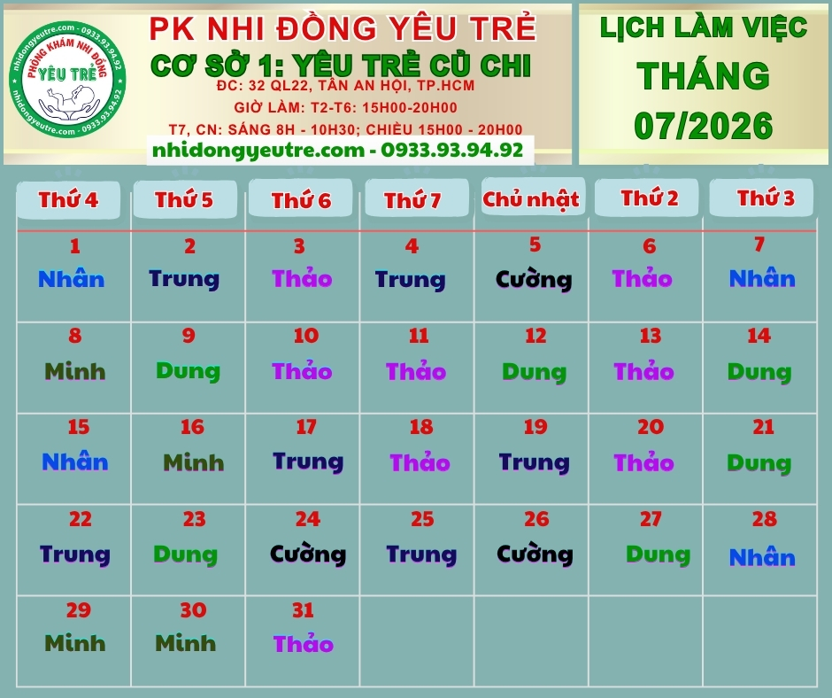 CƠ SỞ 1: YÊU TRẺ CỦ CHI; Lịch làm việc tháng 07/2026