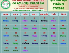 CƠ SỞ 1: YÊU TRẺ CỦ CHI; Lịch làm việc tháng 07/2026