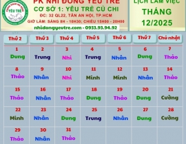 CƠ SỞ 1: YÊU TRẺ CỦ CHI; Lịch làm việc tháng 12/2025