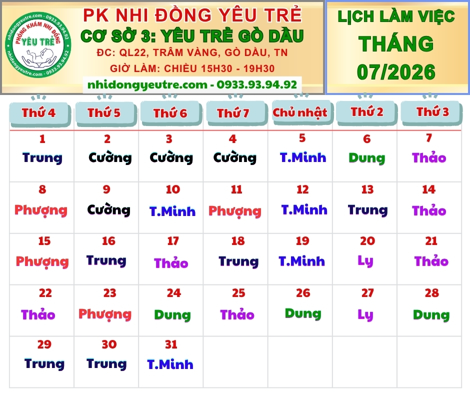 CƠ SỞ 3: YÊU TRẺ GÒ DẦU; Lịch làm việc tháng 07/2026
