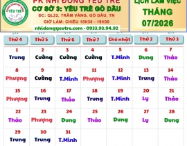 CƠ SỞ 3: YÊU TRẺ GÒ DẦU; Lịch làm việc tháng 07/2026